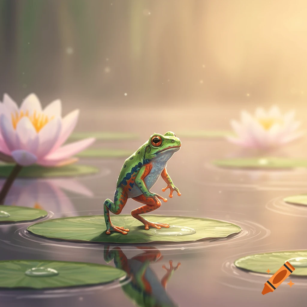 A vibrant green and orange frog stands on a lily pad in a pond with pink lotus flowers, bathed in soft light.