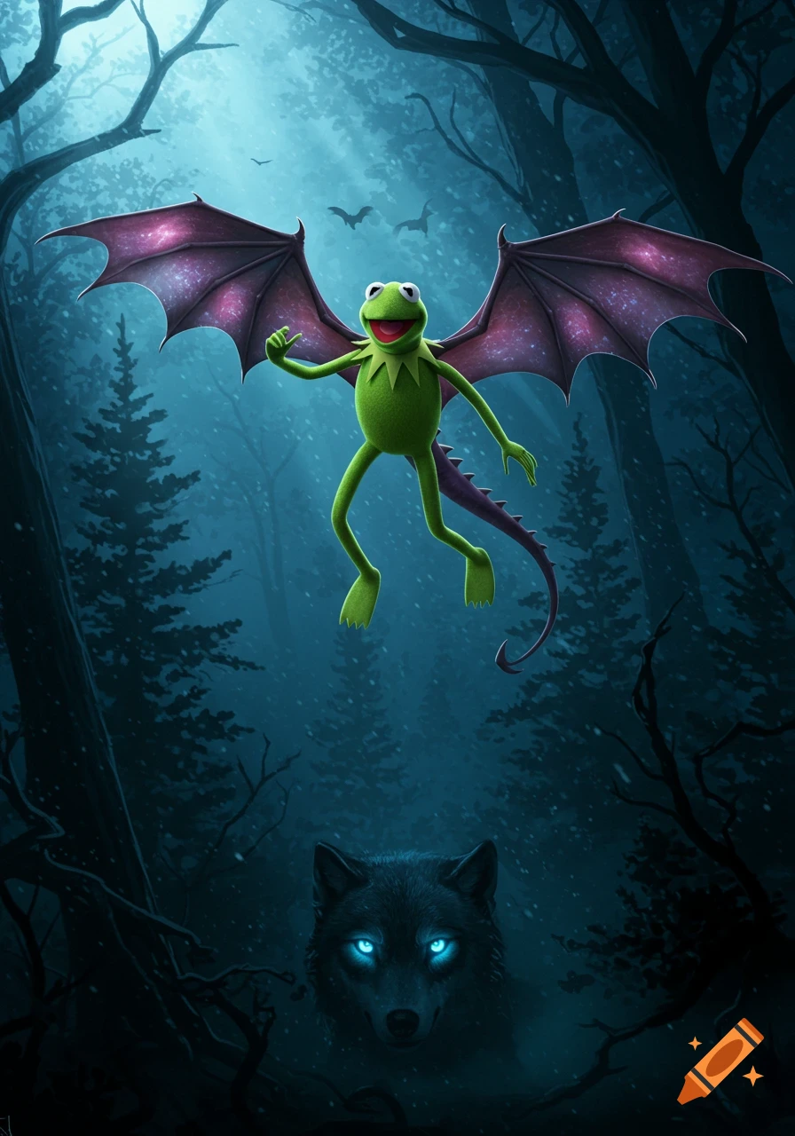 Kermit the Frog with purple dragon wings flies above a dark forest and a wolf with glowing blue eyes. Digital illustration.