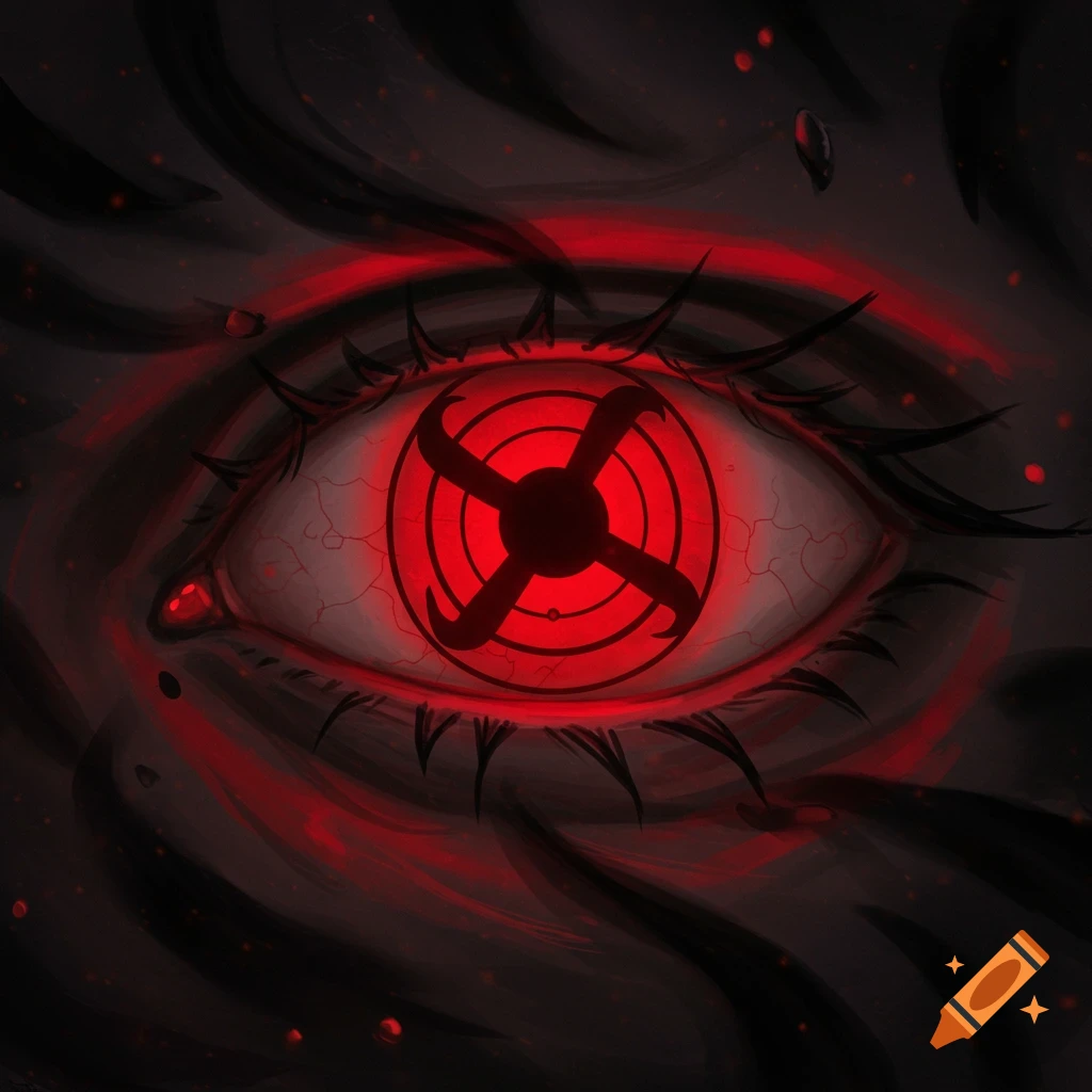 A stylized red and black eye with a complex pinwheel design, resembling an Eternal Mangekyo Sharingan, against a dark swirling background.