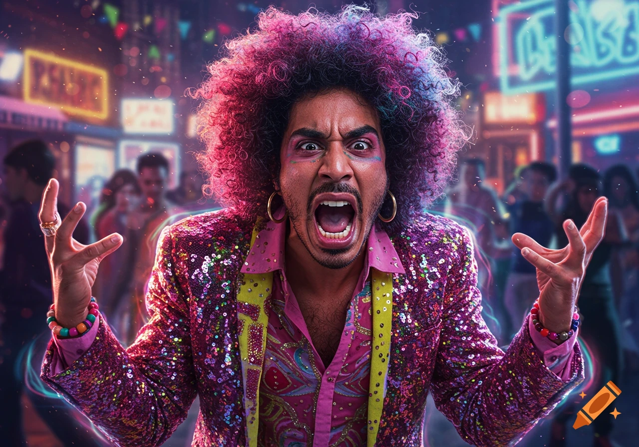 A flamboyant man with a large, colorful afro and a sequined jacket screams with an exaggerated expression at a vibrant, blurry party.