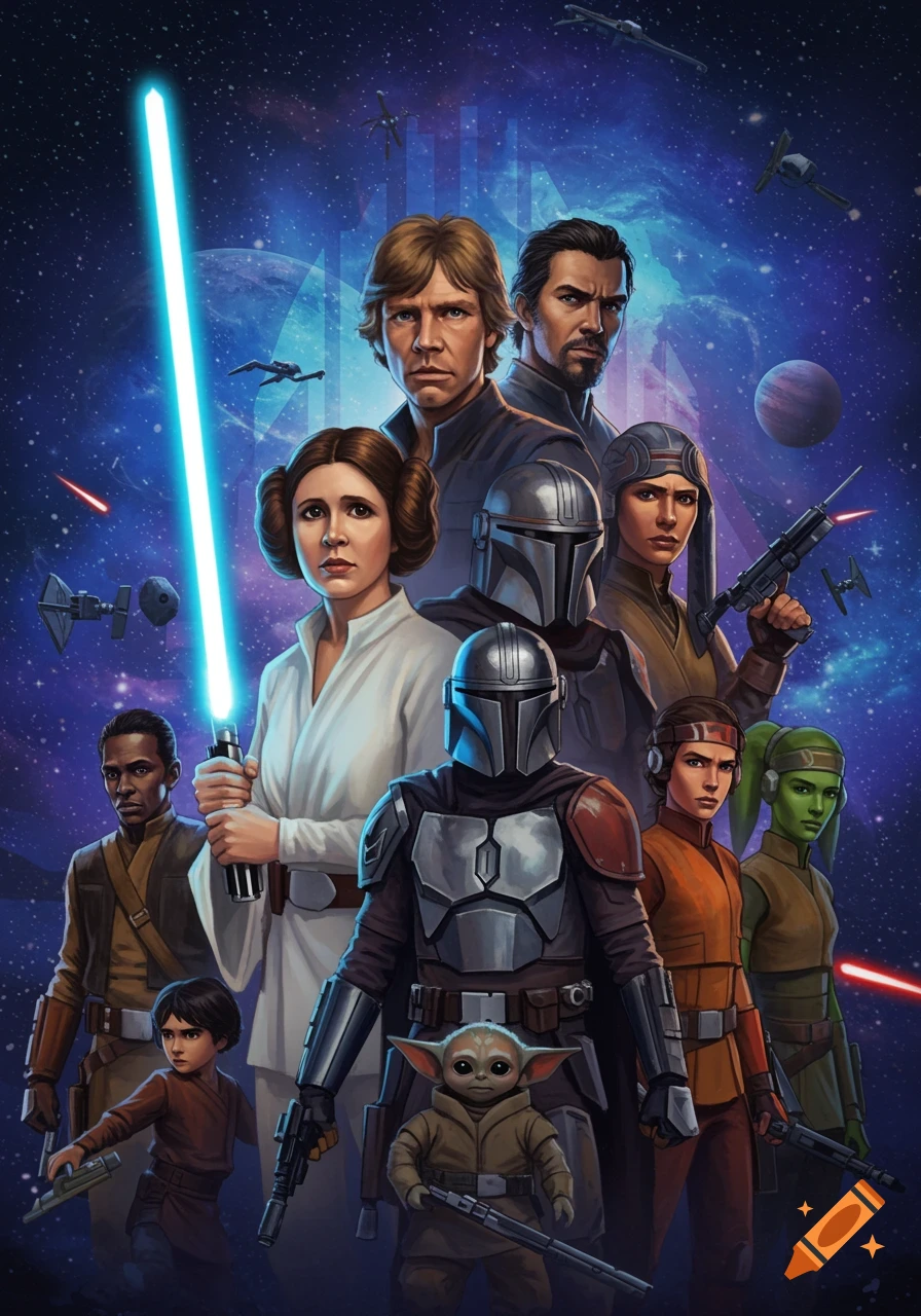 A group of Star Wars characters, including Luke Skywalker, Leia Organa, The Mandalorian, and Grogu, stand against a blue cosmic background with spaceships and planets.