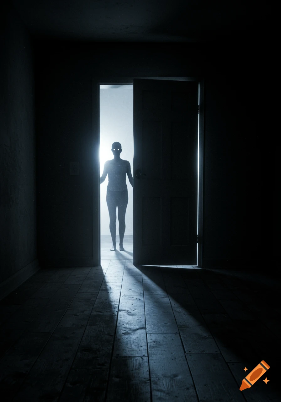 A silhouetted figure with glowing eyes stands in a doorway, bathed in bright light, looking into a dark room.