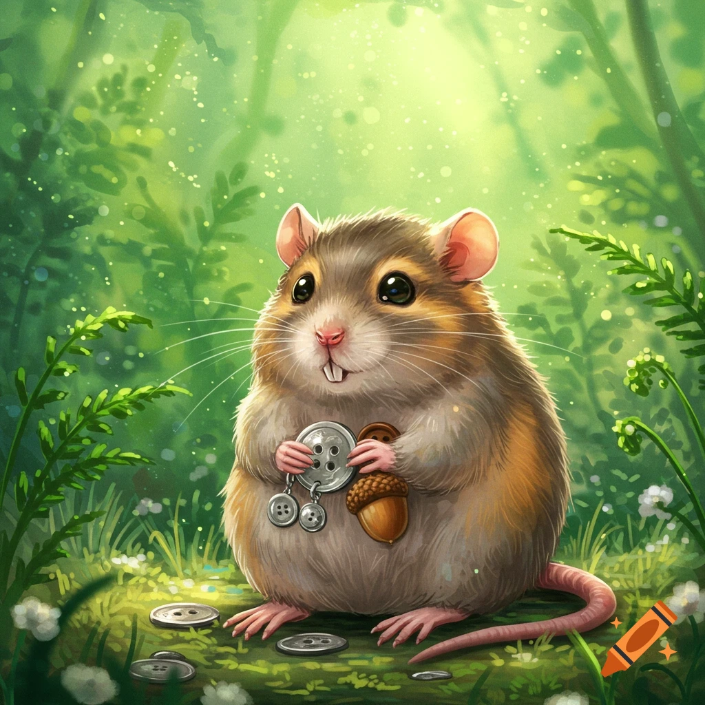 A cute, fluffy packrat sits in a magical green forest, holding a large silver button and an acorn, with smaller buttons nearby.
