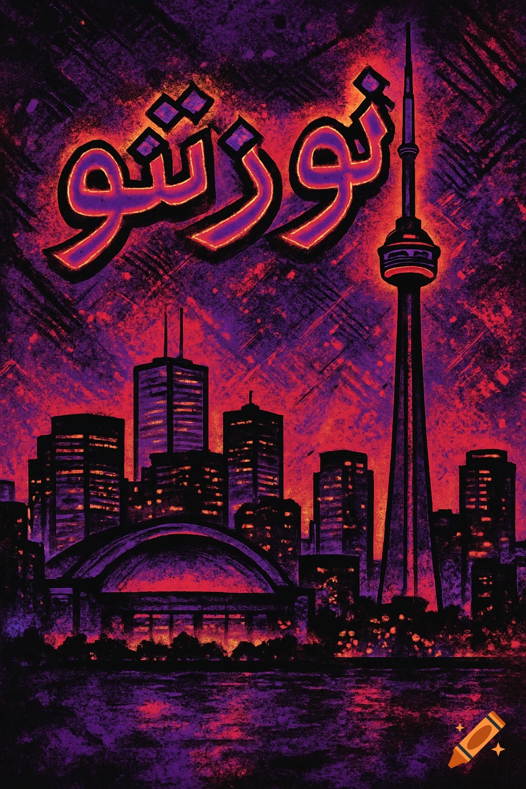 Stylized 90s digital art of the Toronto skyline in purple, red, and black, with glowing Arabic text 'تورنتو' above.