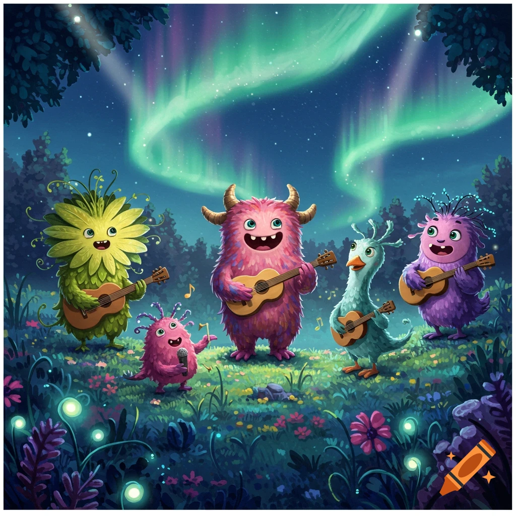 Five vibrant, fluffy monsters play musical instruments and sing in a whimsical forest under the green Northern Lights.