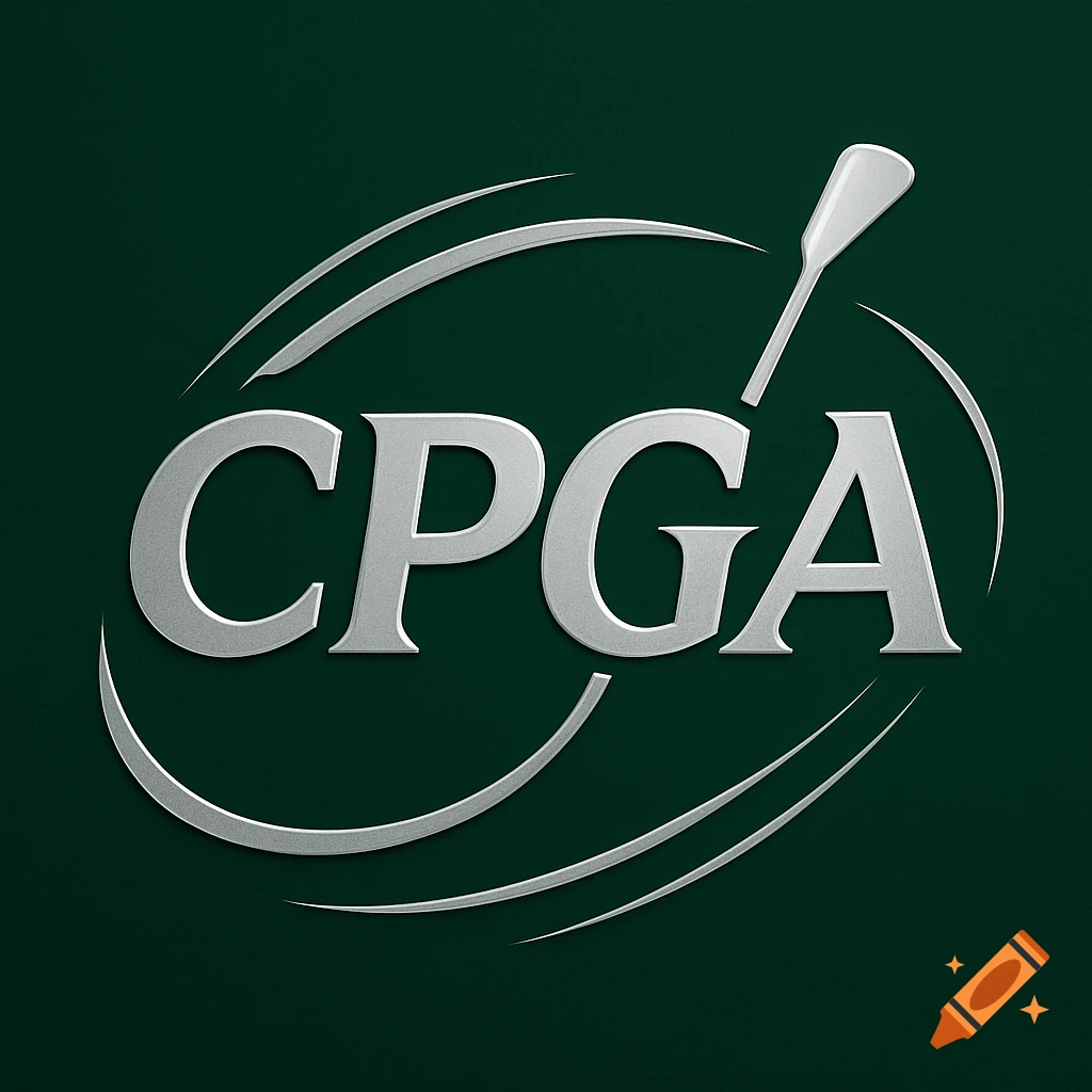 A silver embossed 'CPGA' logo with curved lines and an oar on a dark green background.
