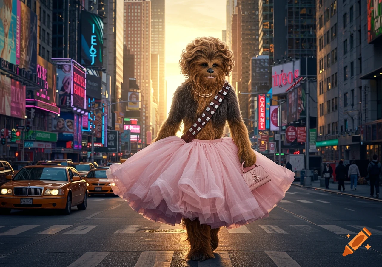 A Wookie wearing a pink tutu, pearls, and carrying a pink purse stands on a crosswalk in a bustling city street with bright billboards at sunset.