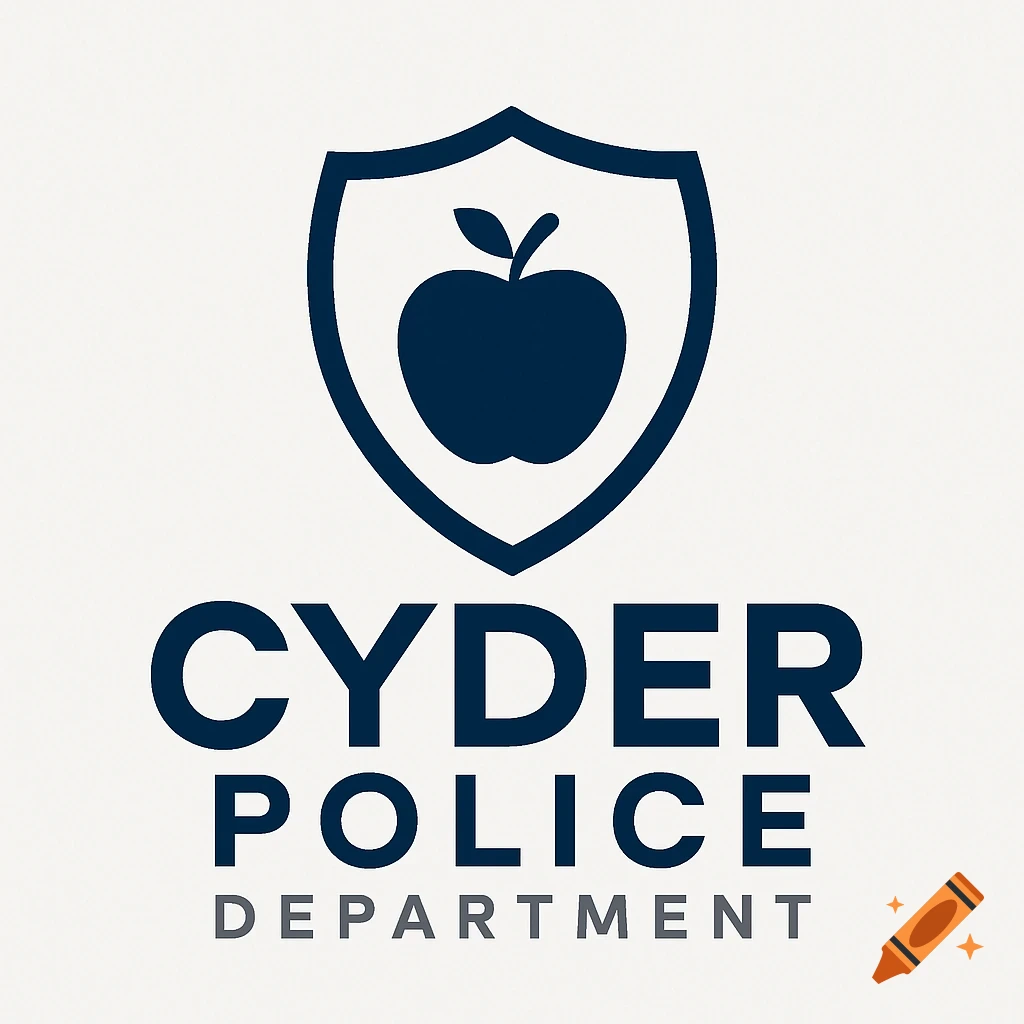 A navy blue logo featuring a shield with an apple inside and the text 'CYDER POLICE DEPARTMENT'.