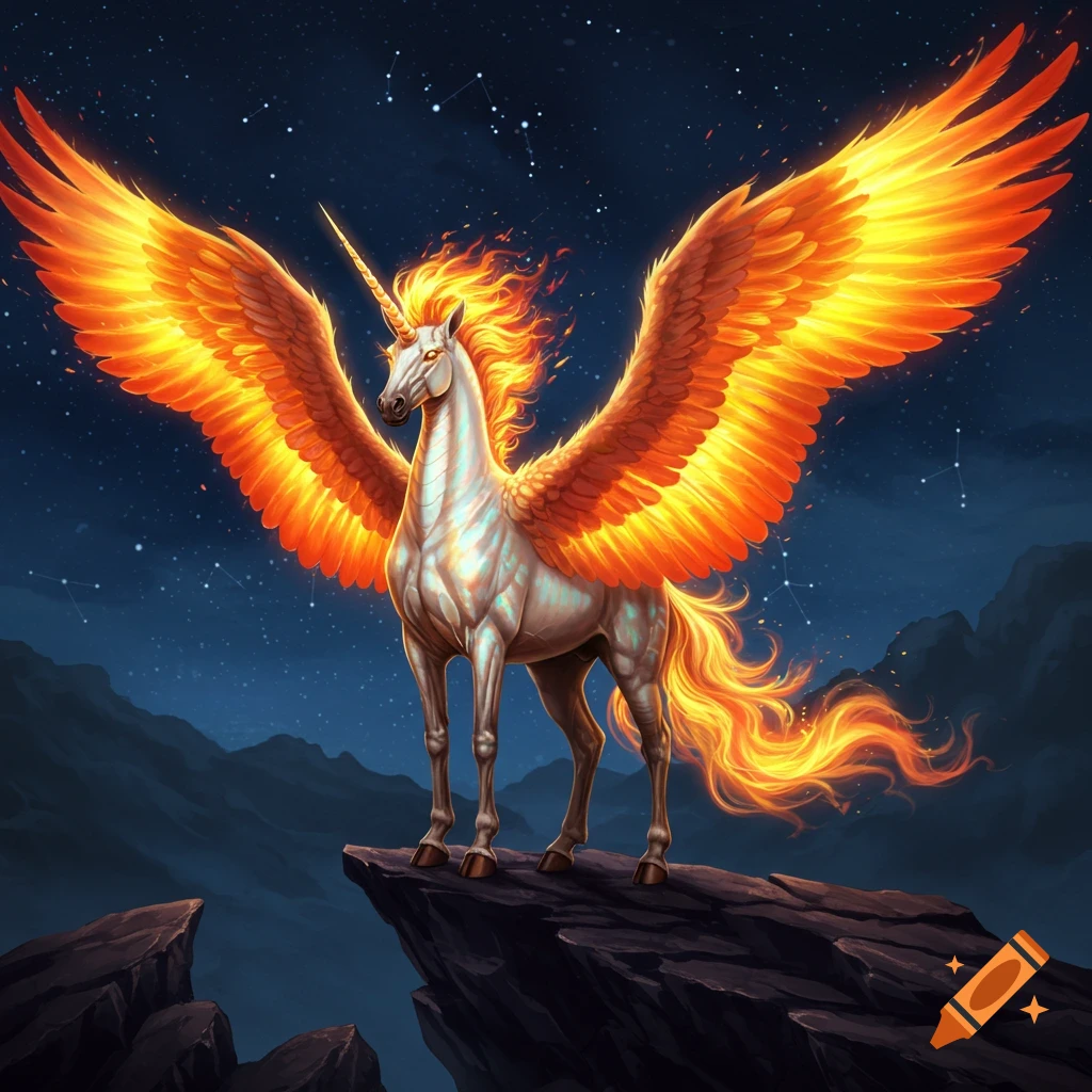 A majestic fiery unicorn with glowing orange wings and mane stands on a rocky mountain peak against a starry night sky.