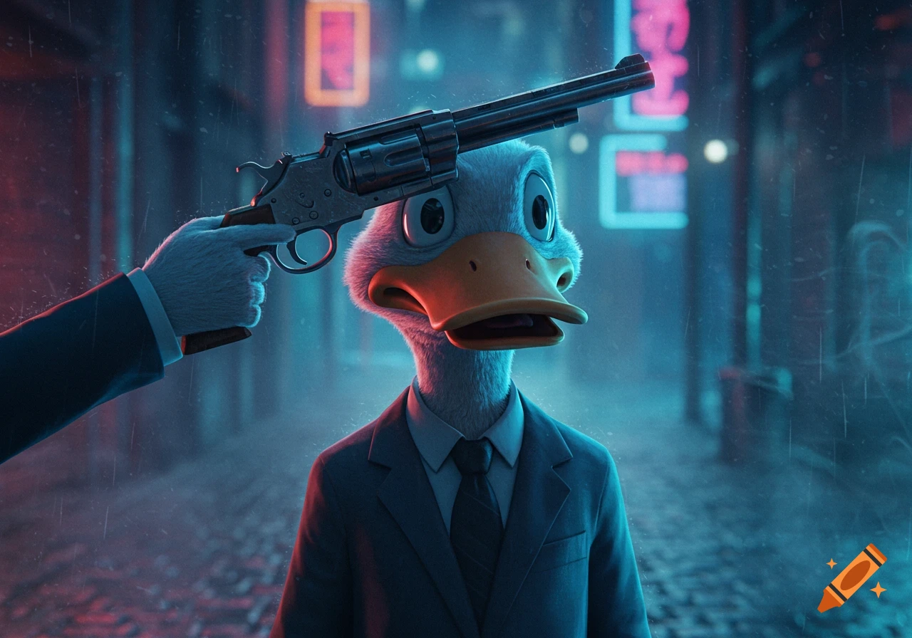 A photorealistic anthropomorphic duck in a suit with wide eyes, a gun pointed at its head in a dark, rainy, neon-lit alley.