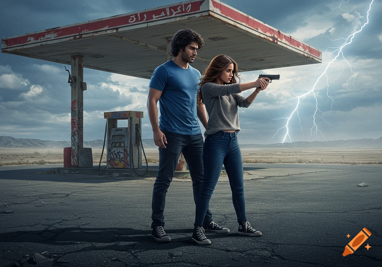 A man stands defensively next to a woman aiming a gun, in a desolate, abandoned gas station with lightning in the sky.
