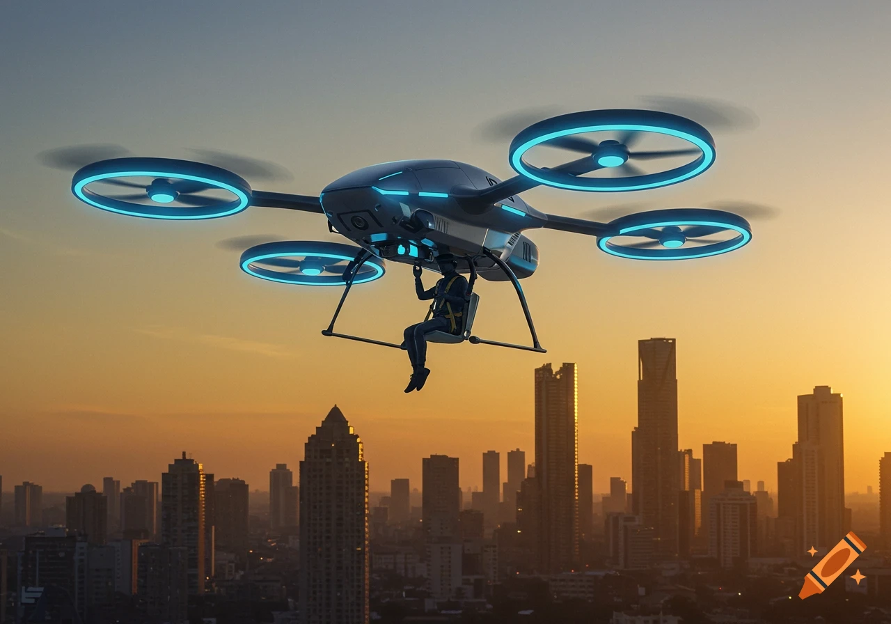 A futuristic drone with glowing blue rings on its propellers carries a person seated below it over a city skyline at sunset.