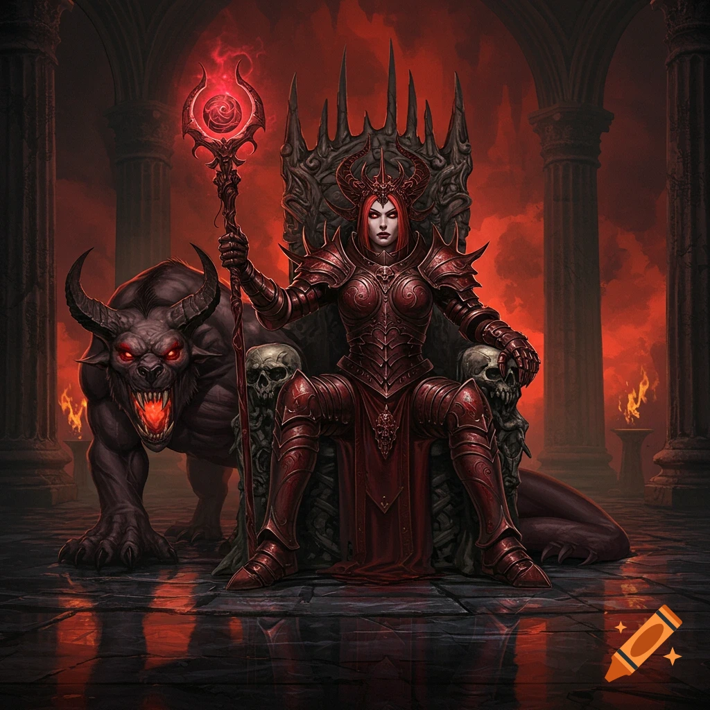 A fierce blood queen in red armor sits on a skull throne with a glowing staff, a horned hellbeast at her side in a dark, red hall. Digital fantasy art.