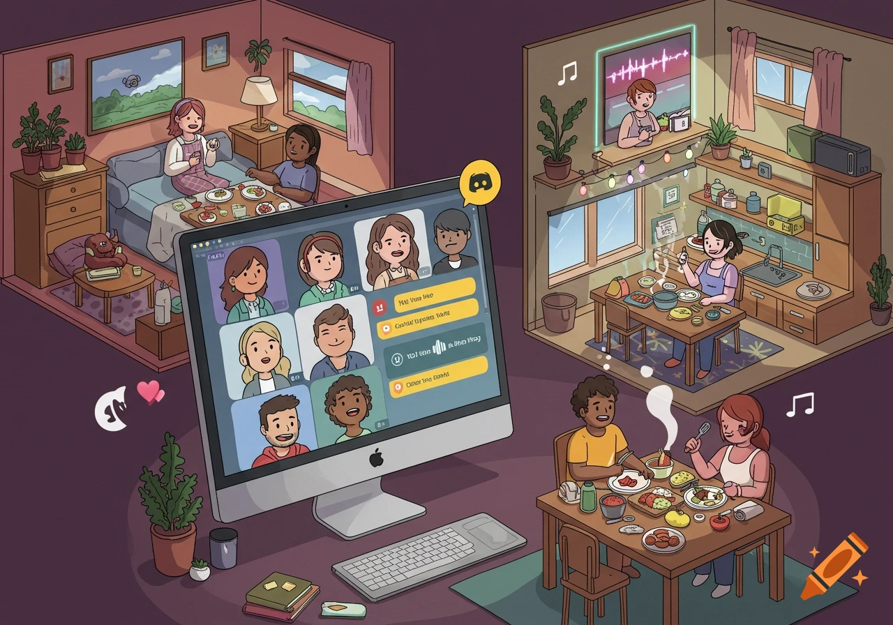 Cartoon illustration of friends cooking and eating in different rooms while connected via a large video call on a computer screen.