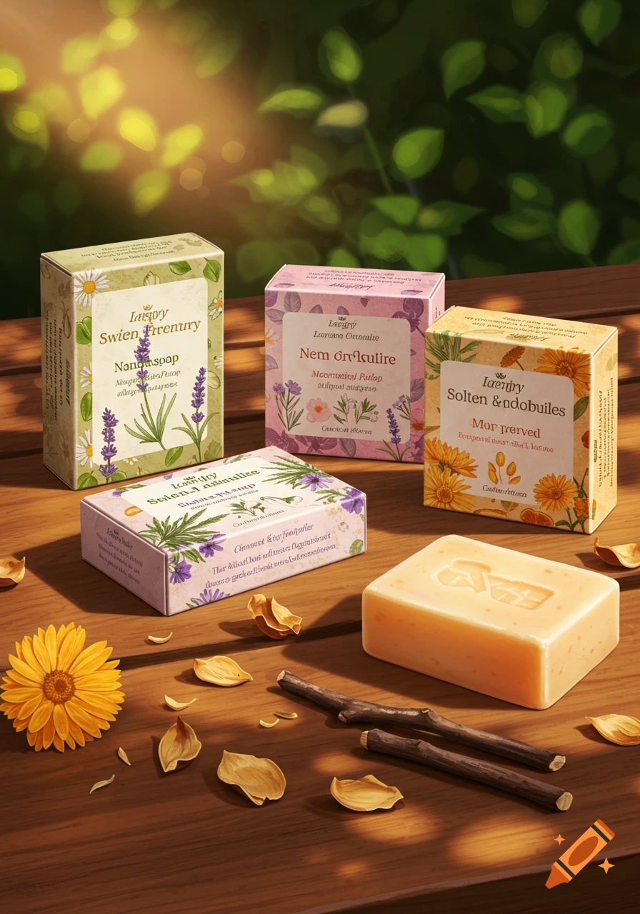 A still life image of various colorful soap boxes and a bar of soap on a wooden table with flowers and leaves.