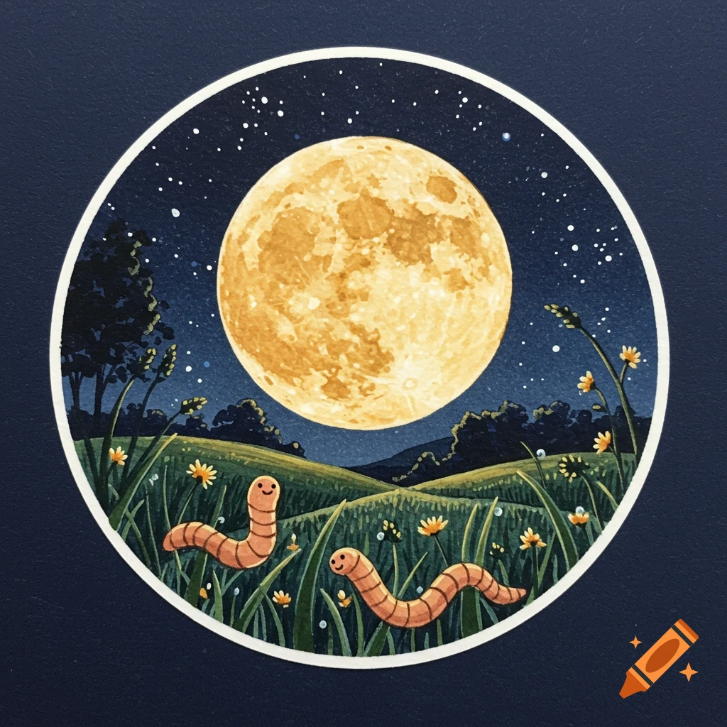 A watercolor painting in a circular frame depicts two happy worms in a grassy field under a large full moon and starry night sky.
