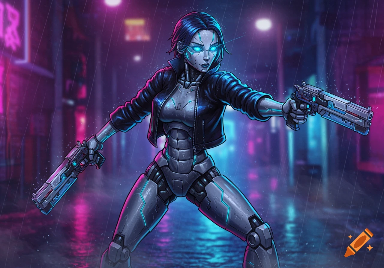 A female robot in a leather jacket holds two pistols in a rainy, neon-lit cyberpunk city street, in anime style.
