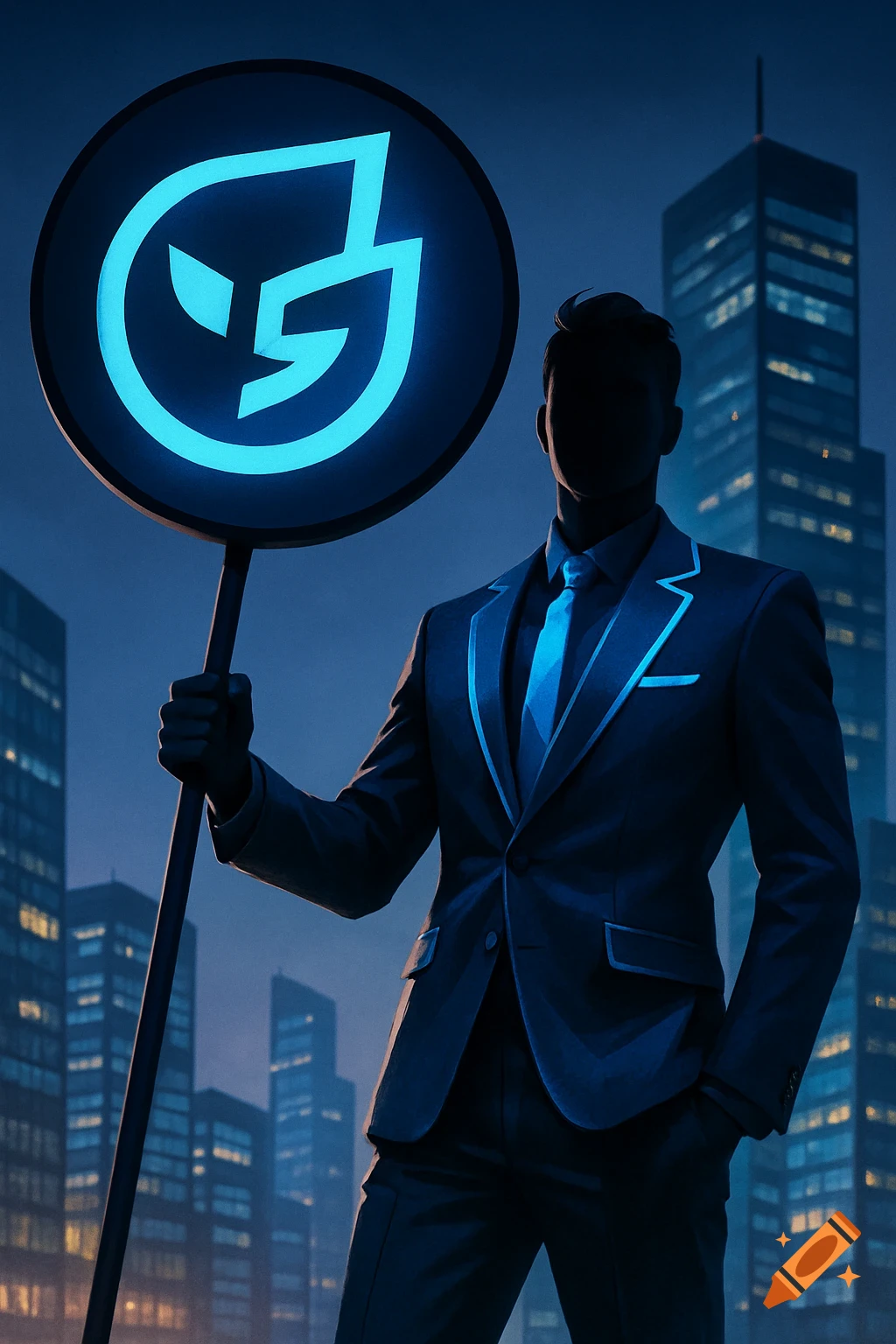 A silhouetted man in a suit holds a glowing blue logo sign against a backdrop of a city skyline at night, digital art.