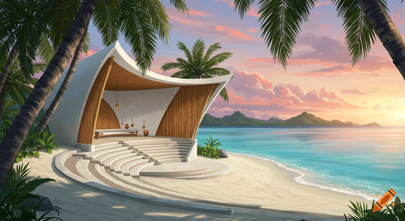 A modern open-air amphitheater on a sandy tropical beach at sunset, with palm trees, blue ocean, and distant mountains.