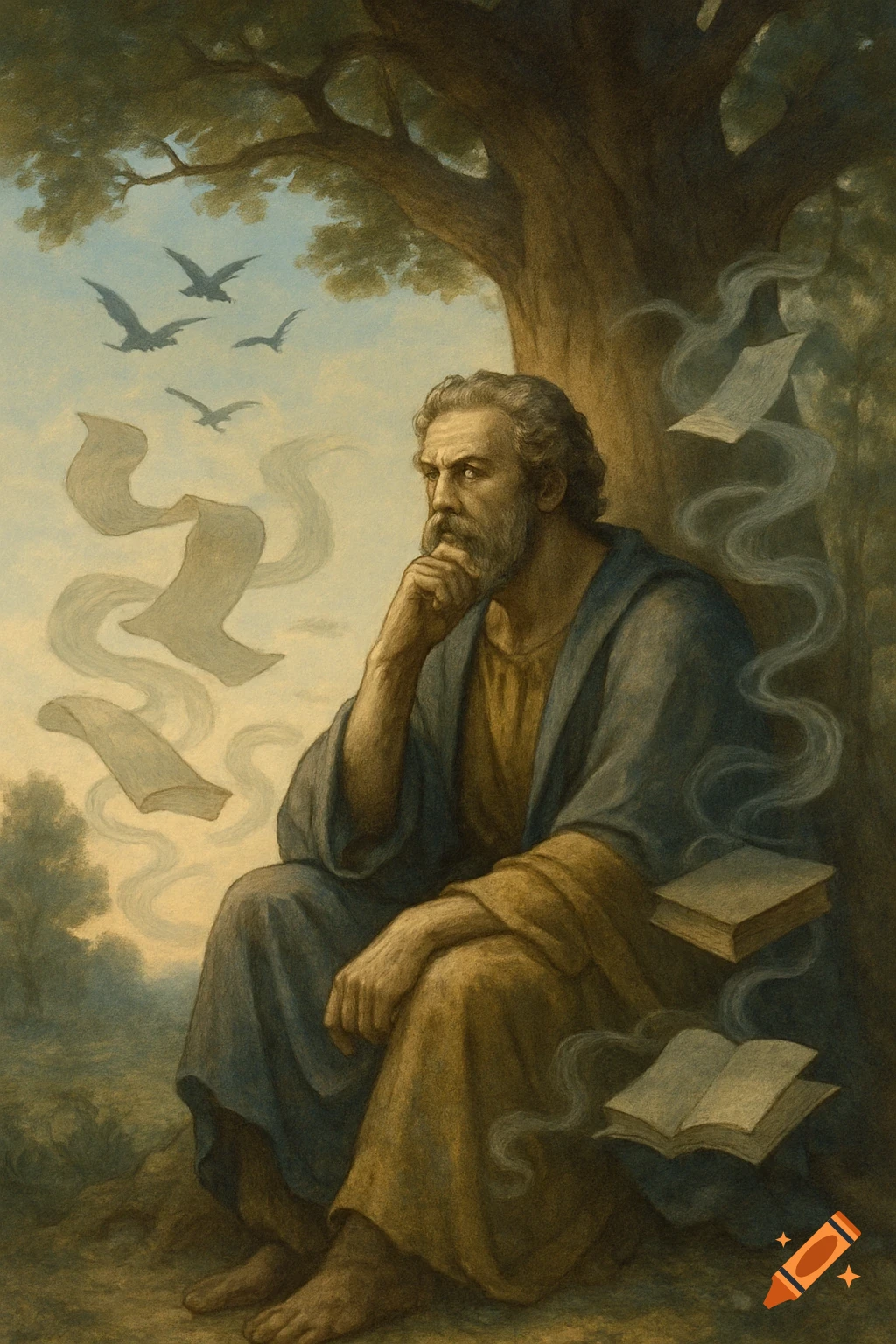A bearded man in ancient robes sits barefoot under a large tree, thoughtfully resting his chin on his hand, surrounded by floating scrolls and books.