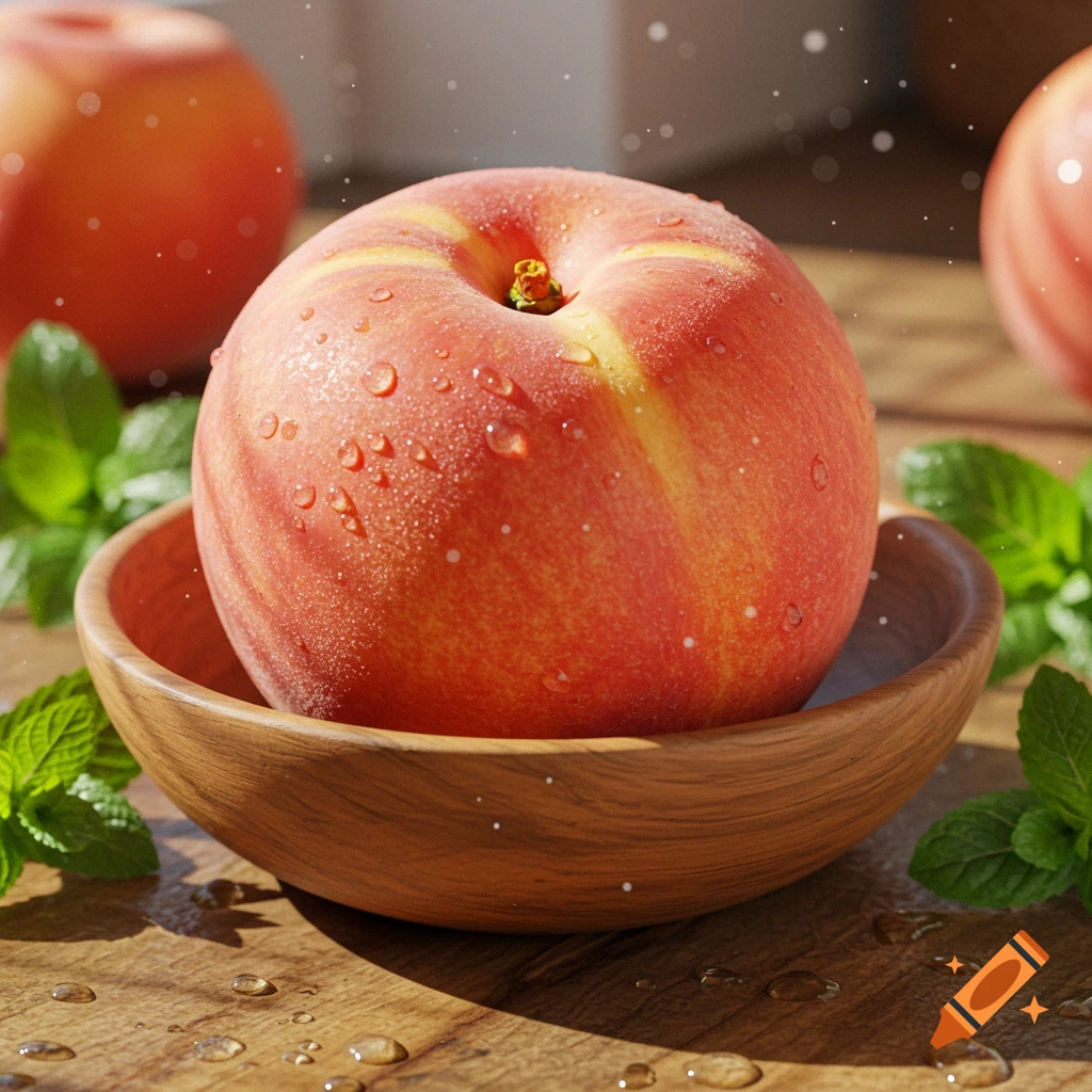 Photorealistic image of a fresh, dewy peach in a small wooden bowl, surrounded by mint leaves on a sunlit wooden surface.