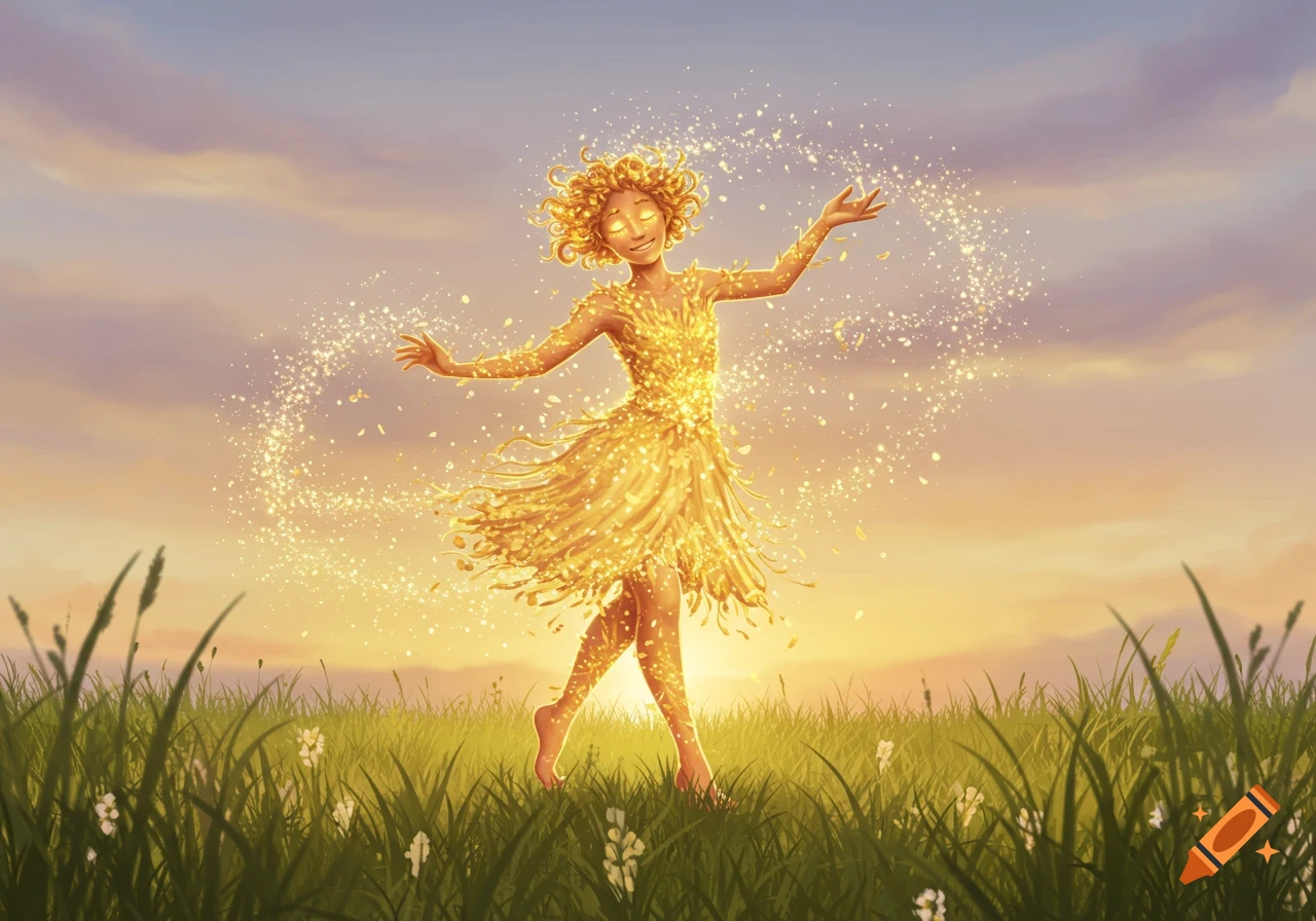 A radiant, glowing figure made of light and flowers dances joyfully in a grassy field at sunset.