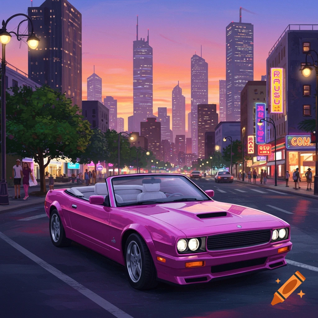 A vibrant pink convertible car is parked on a city street at sunset, with tall buildings and neon signs in the background.