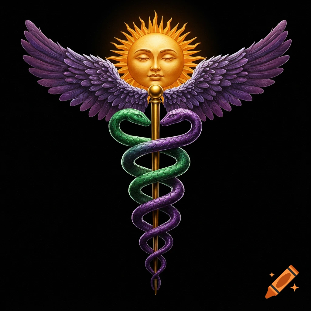 A caduceus with a golden staff, purple wings, and a sun-faced top, entwined by green and purple snakes on a black background.