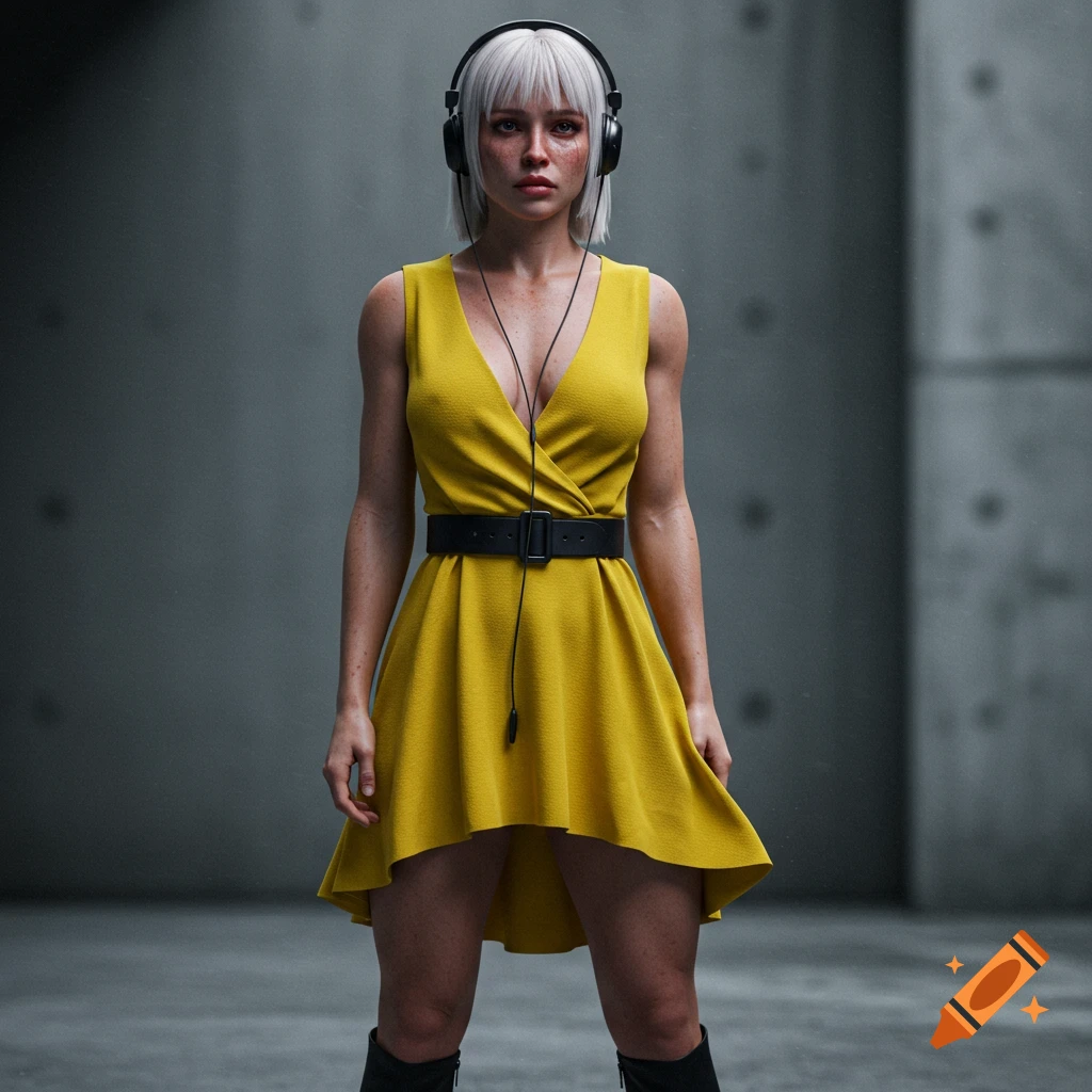 A hyperrealistic portrait of a woman with short platinum blonde hair and freckles, wearing black headphones, a yellow V-neck dress, and black boots, standing against a concrete wall.