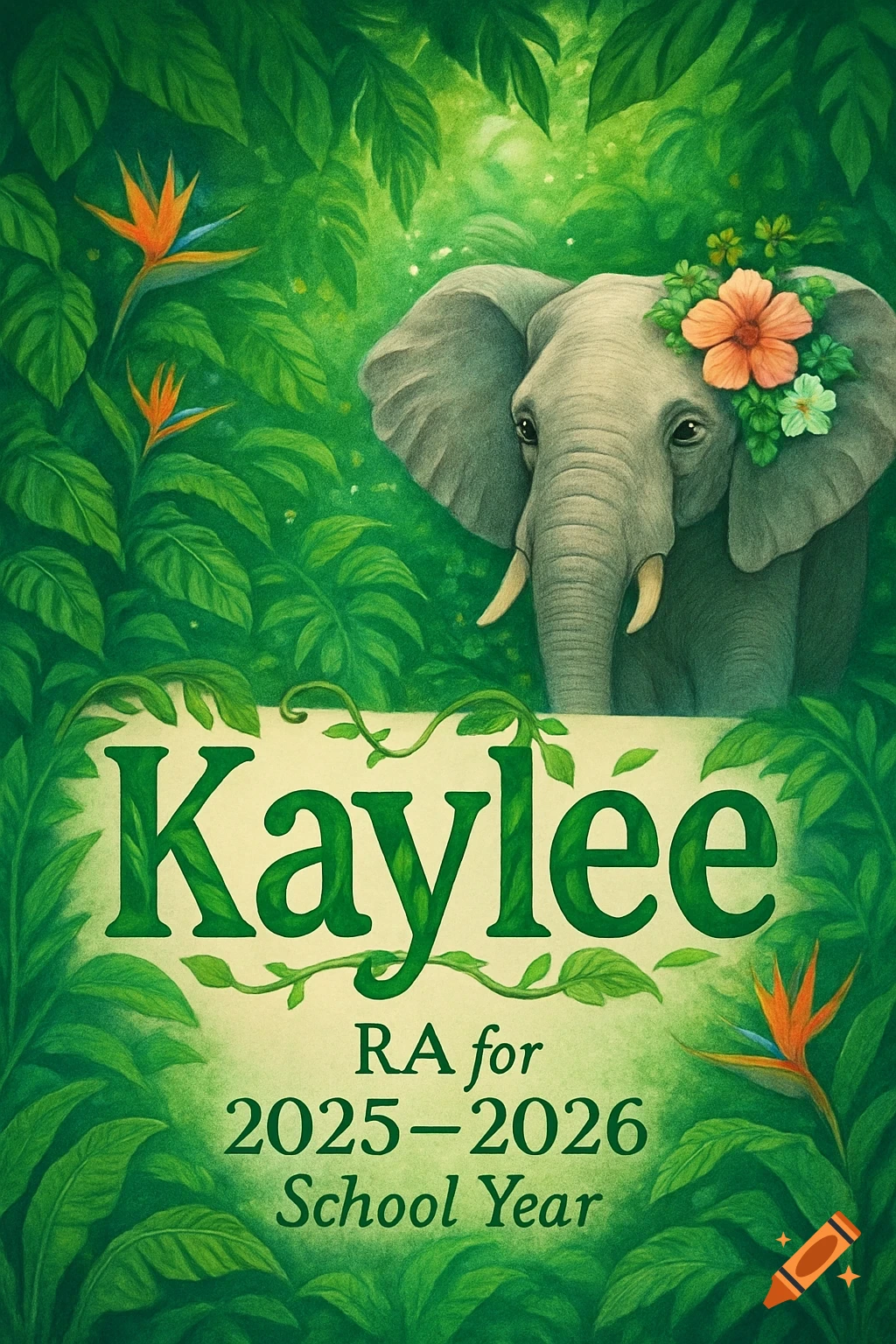 An illustrated sign with an elephant, jungle leaves, and flowers. Text reads: 'Kaylee RA for 2025-2026 School Year'.