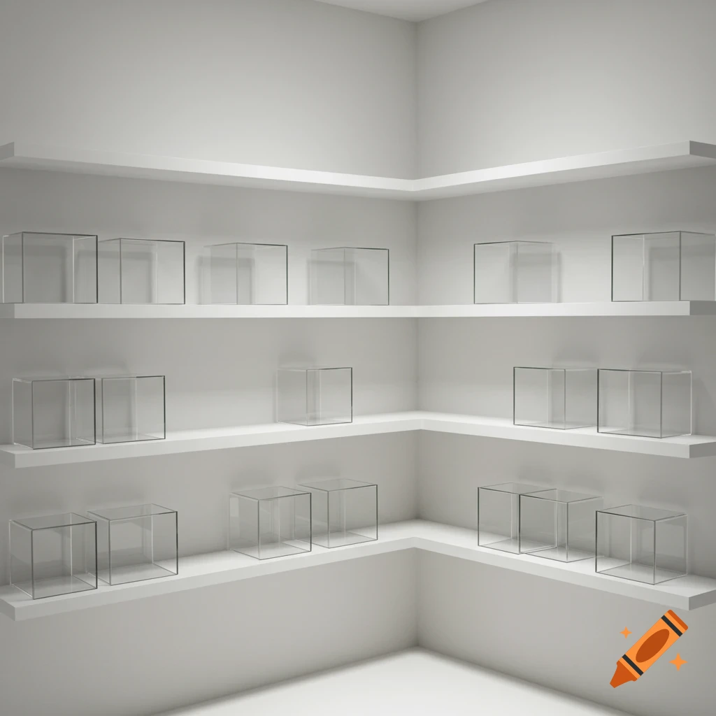 White corner shelves with numerous clear glass display boxes, arranged neatly in a minimalist room.