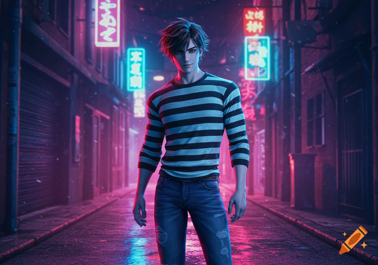 An anime man in a striped shirt and ripped jeans stands in a neon-lit cyberpunk city street.