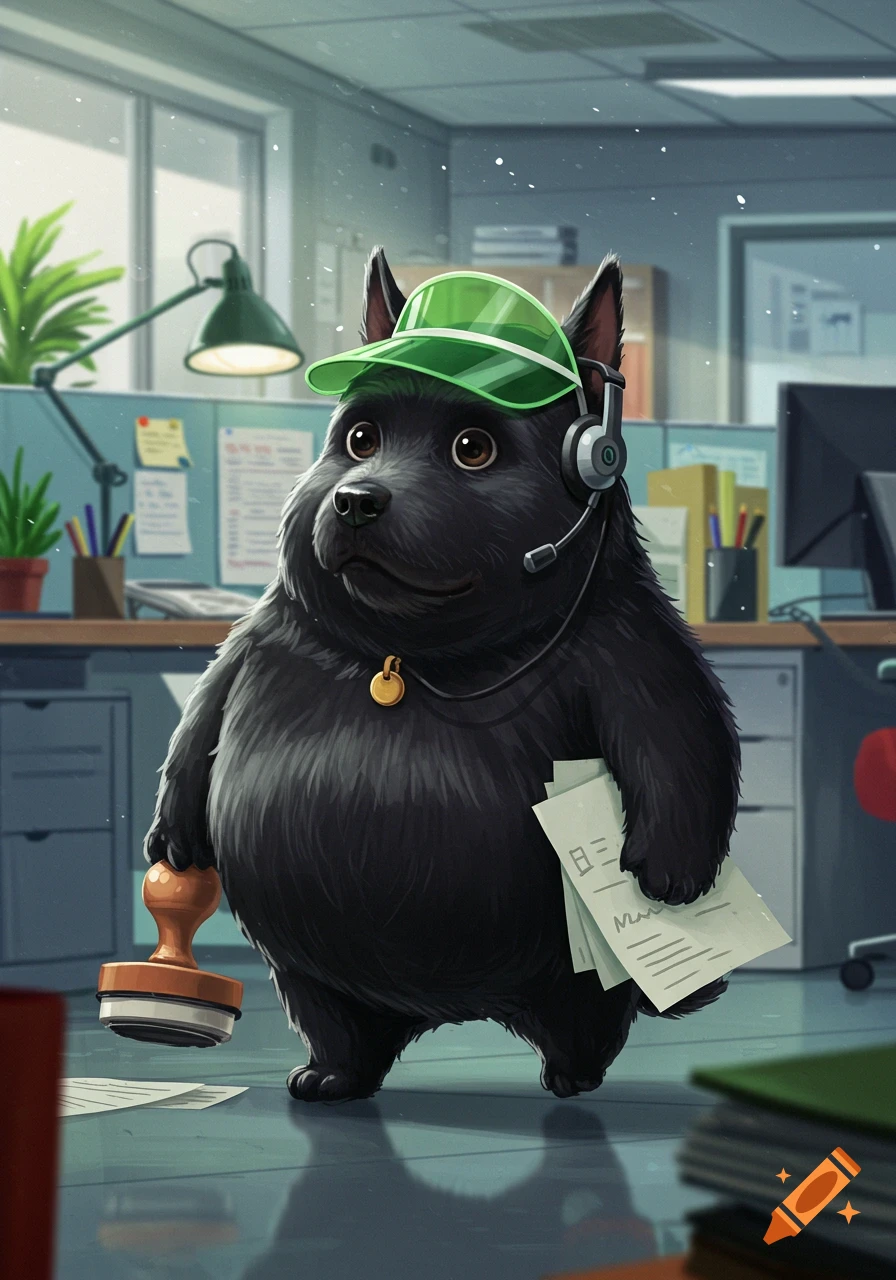 A bipedal, fluffy black dog wearing a green visor and headset, holding a stamp and papers in an office.
