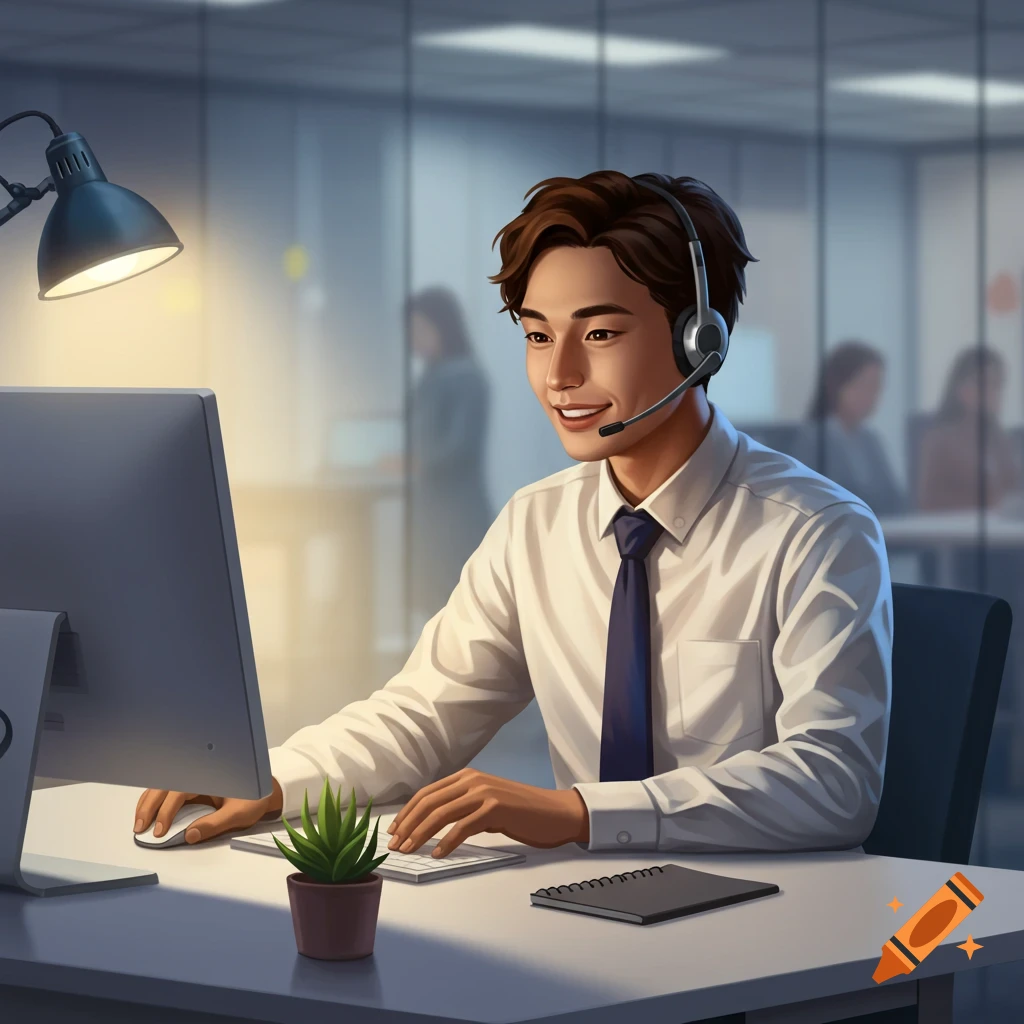 A young man in a white shirt and tie wearing a headset, working at a computer in an office setting.