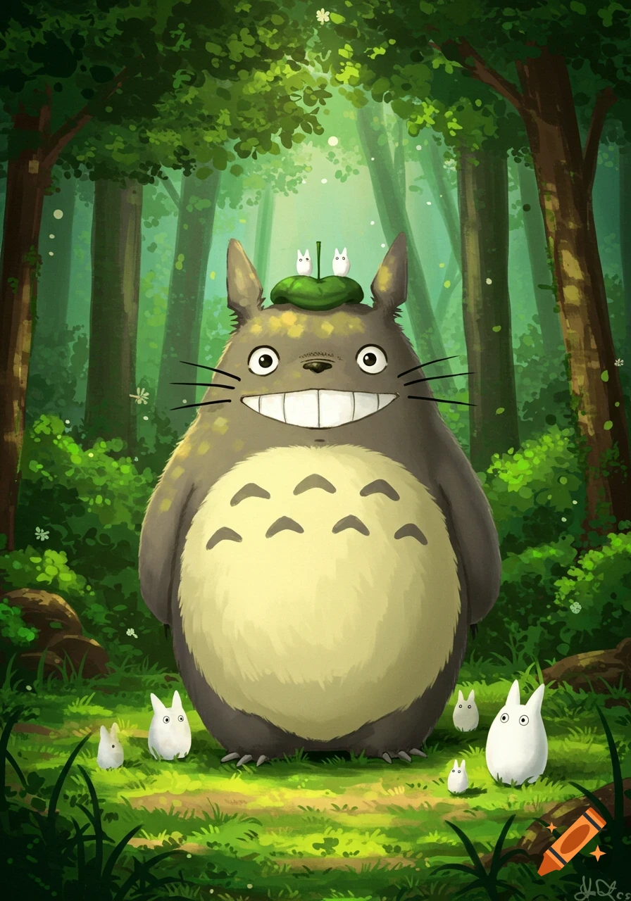 A large, smiling Totoro with a leaf hat and two small white creatures on its head, standing in a lush green forest with sunlight filtering through the trees, surrounded by smaller white creatures.