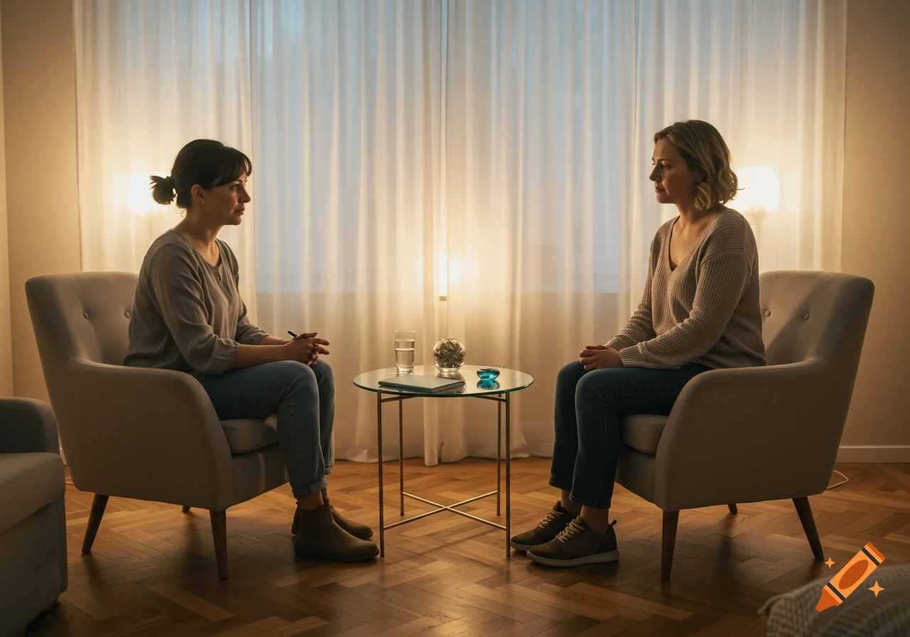 Two women sit across from each other in chairs during a therapy session in a room with warm lighting.