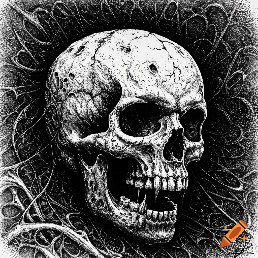 Detailed black and white stipple pen and ink illustration of a decaying skull, with organic, gnarled forms around it.
