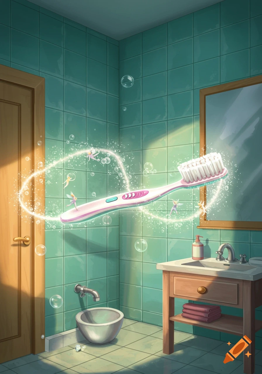 A pink and white toothbrush floats magically in a teal tiled bathroom, surrounded by glowing light, bubbles, and tiny flying fairies.