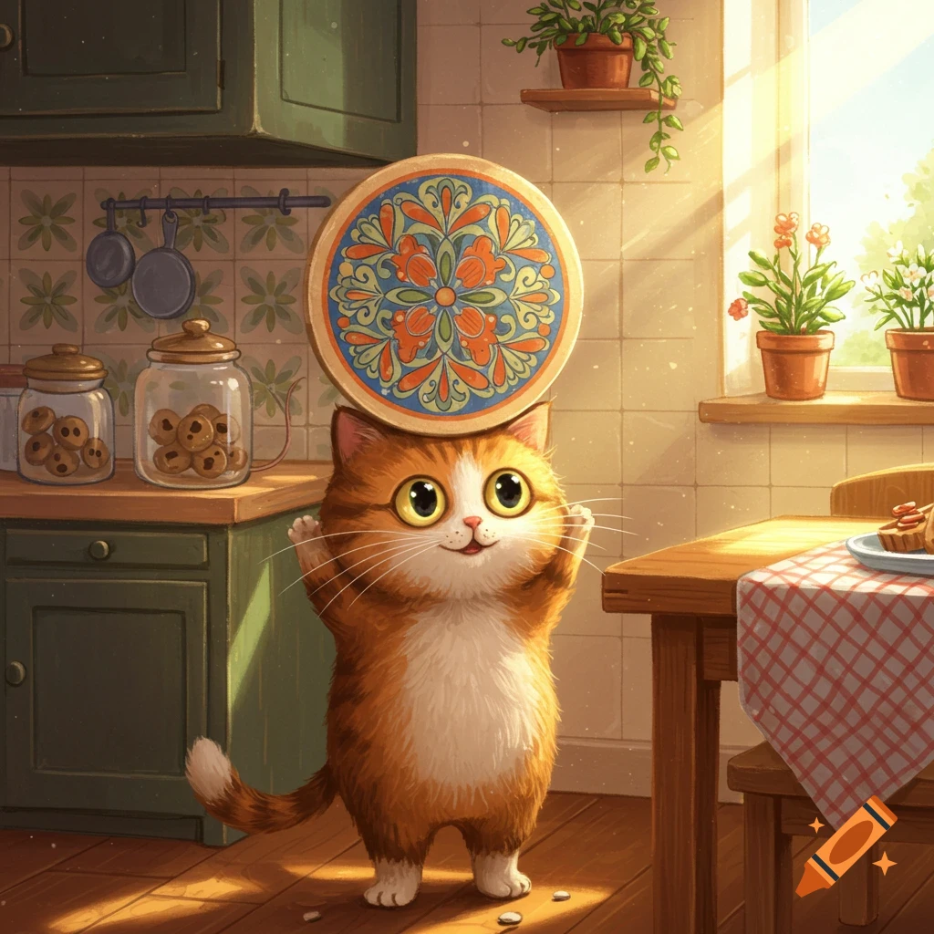 A cute cartoon ginger and white cat stands in a sunny kitchen, balancing a colorful patterned coaster on its head.