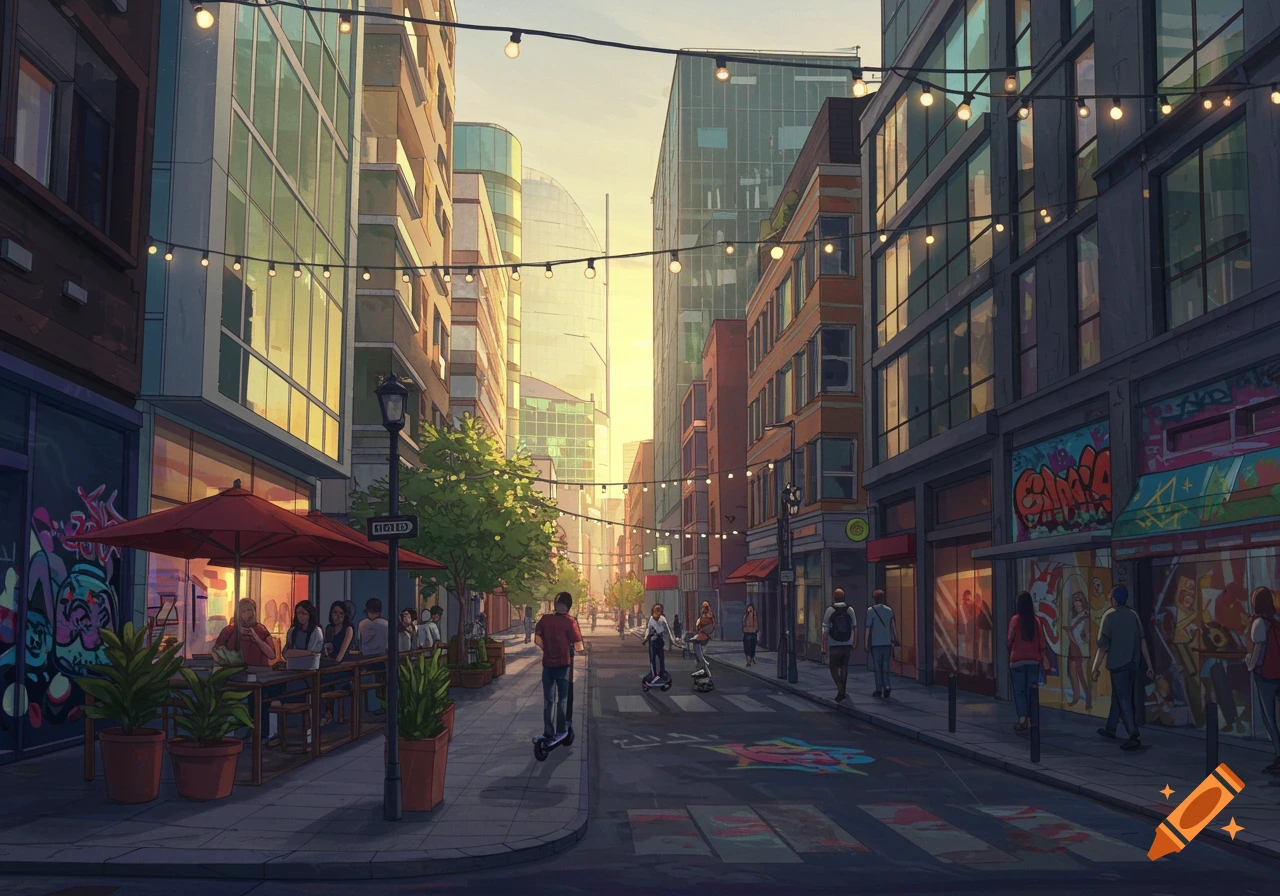 A vibrant, cartoon-style illustration of a modern city street at sunset, with buildings, string lights, cafes with outdoor seating, and people walking, scootering, and skateboarding.