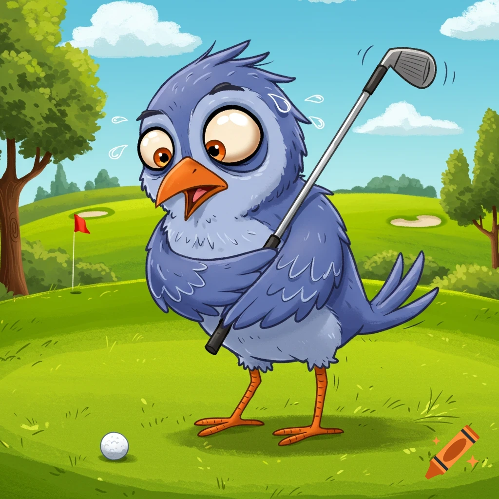 A stressed-out cartoon blue bird stands on a green golf course, holding a golf club and looking at a golf ball.