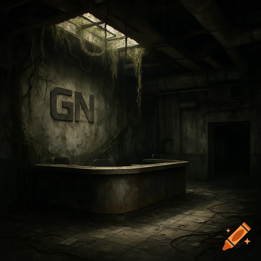 A dark, dilapidated, post-apocalyptic reception area with vines, debris, and a 'GN' logo on a cracked wall.