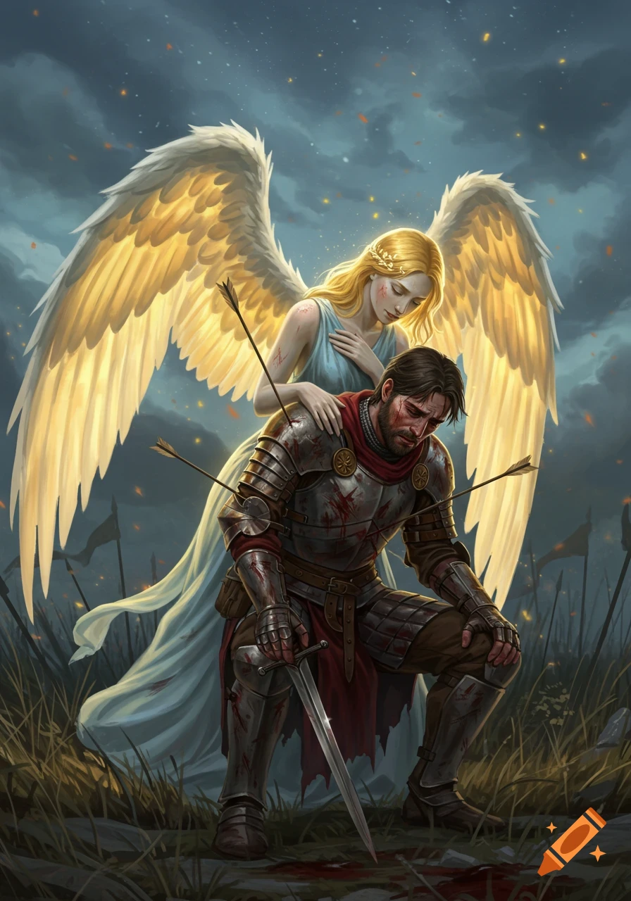 A wounded knight, kneeling with a sword, is comforted by an angel with large golden wings on a battlefield.