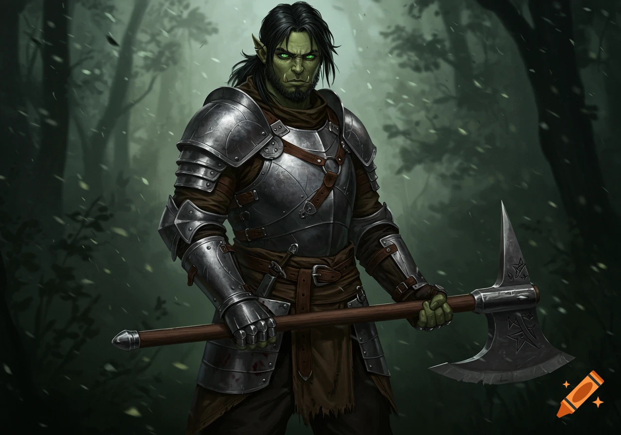 A fantasy illustration of a half-orc warrior in intricate armor, holding a large battle axe in a misty forest.