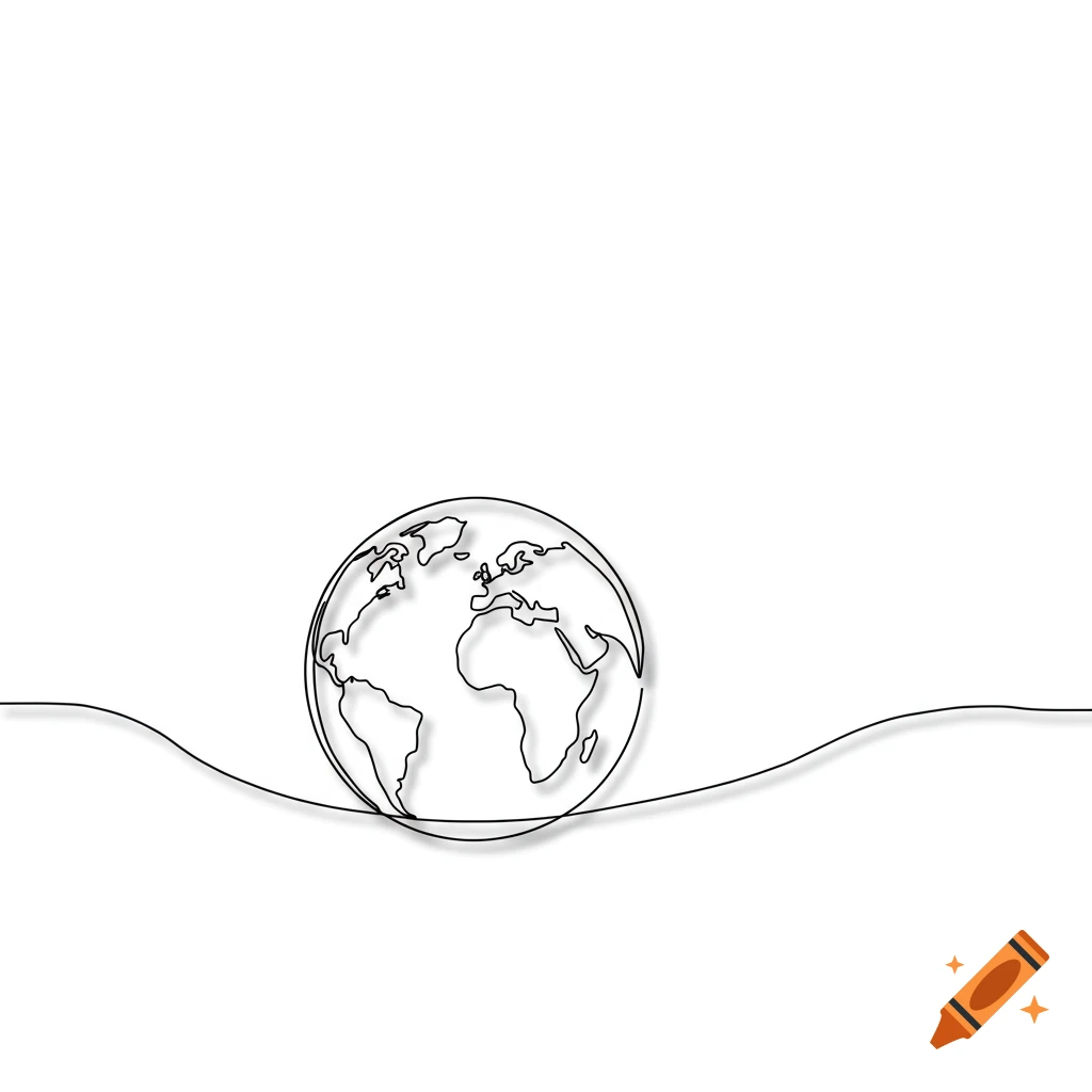 A minimalist black continuous line art drawing of the Earth with visible continents and a shadow on a white background.