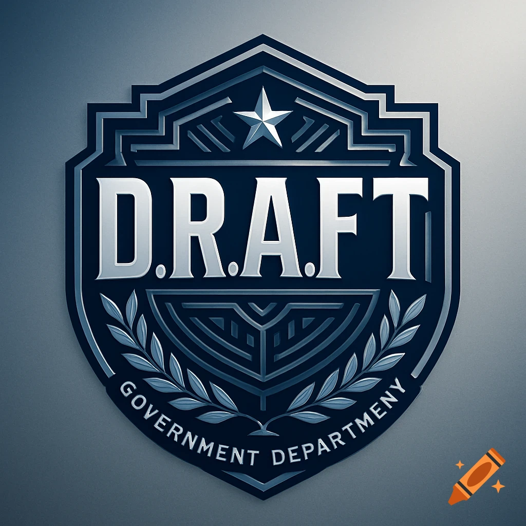 A detailed blue and silver shield logo with a star, featuring "D.R.A.F.T." and "Government Department" text, set against a gradient background.