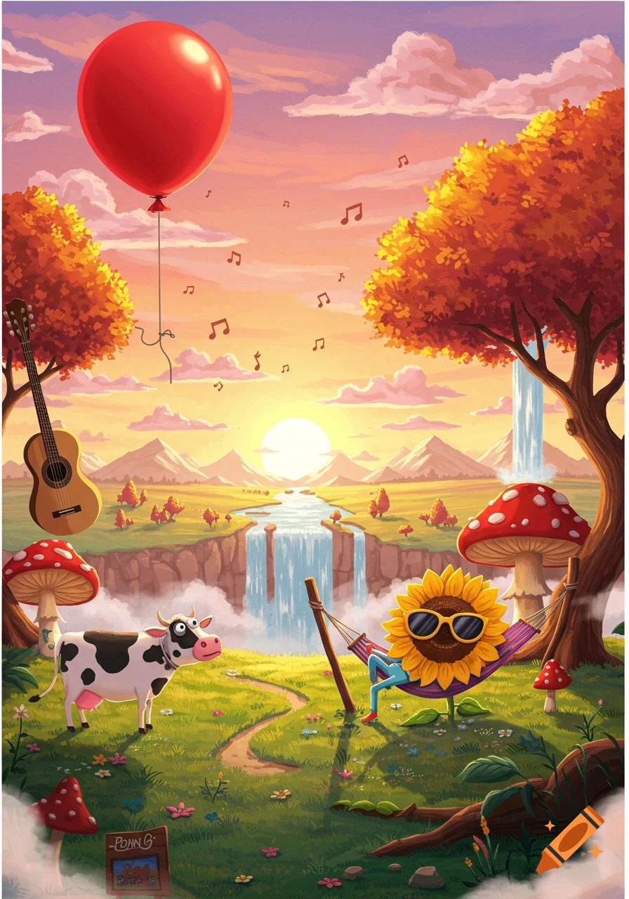 Whimsical landscape featuring a river, waterfalls, sunset, a cow, a sunflower in a hammock, red balloon, and guitar.