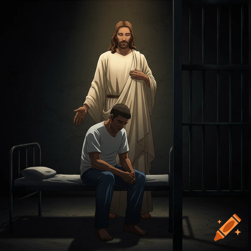 Anime illustration of a man in a dark prison cell sitting on a bed, with a glowing Jesus standing behind him.