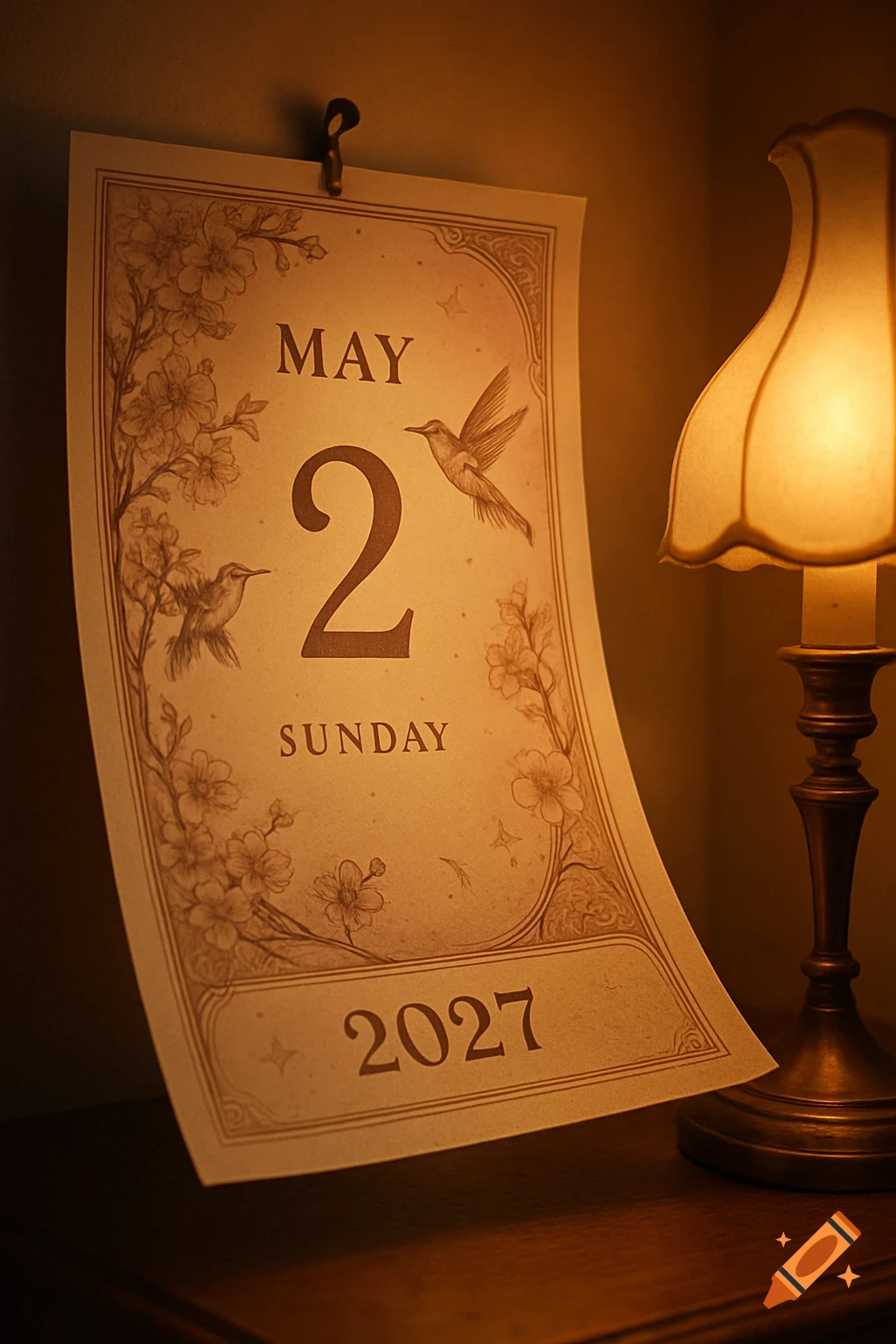A calendar page showing 'May 2 Sunday 2027' with hummingbirds, lit by a warm desk lamp.