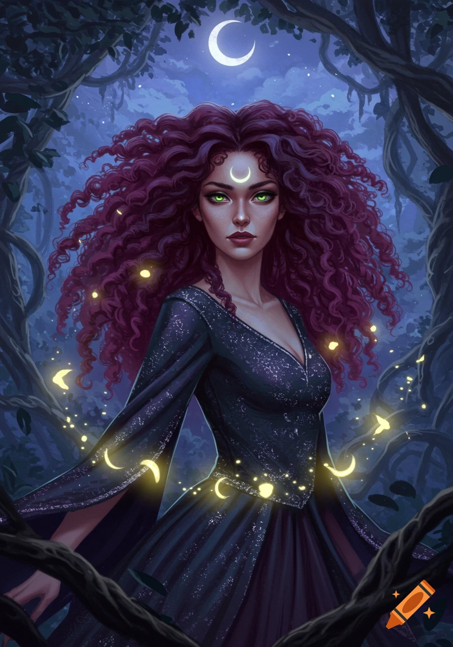 A sorceress with long purple curly hair, green eyes, and a crescent moon stands in a dark forest, surrounded by glowing magical crescent moons.